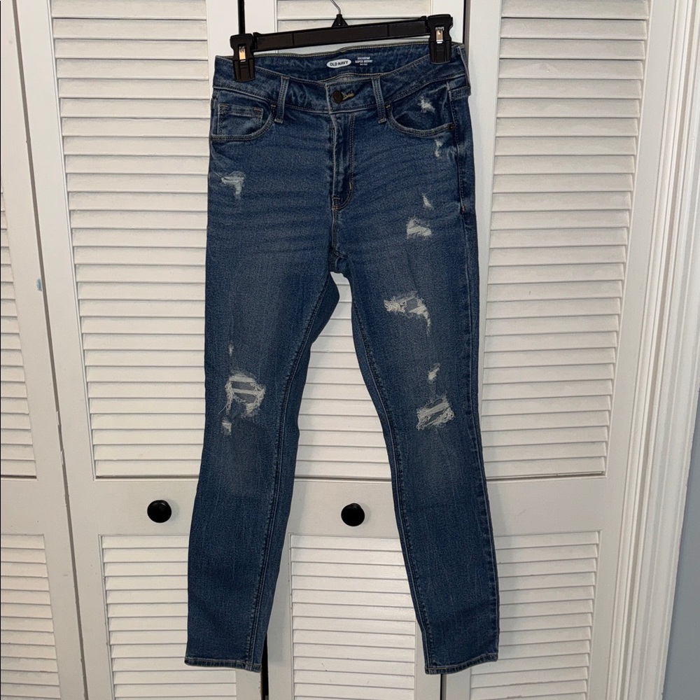 Old Navy Women's Dark Blue Distressed Skinny Jeans